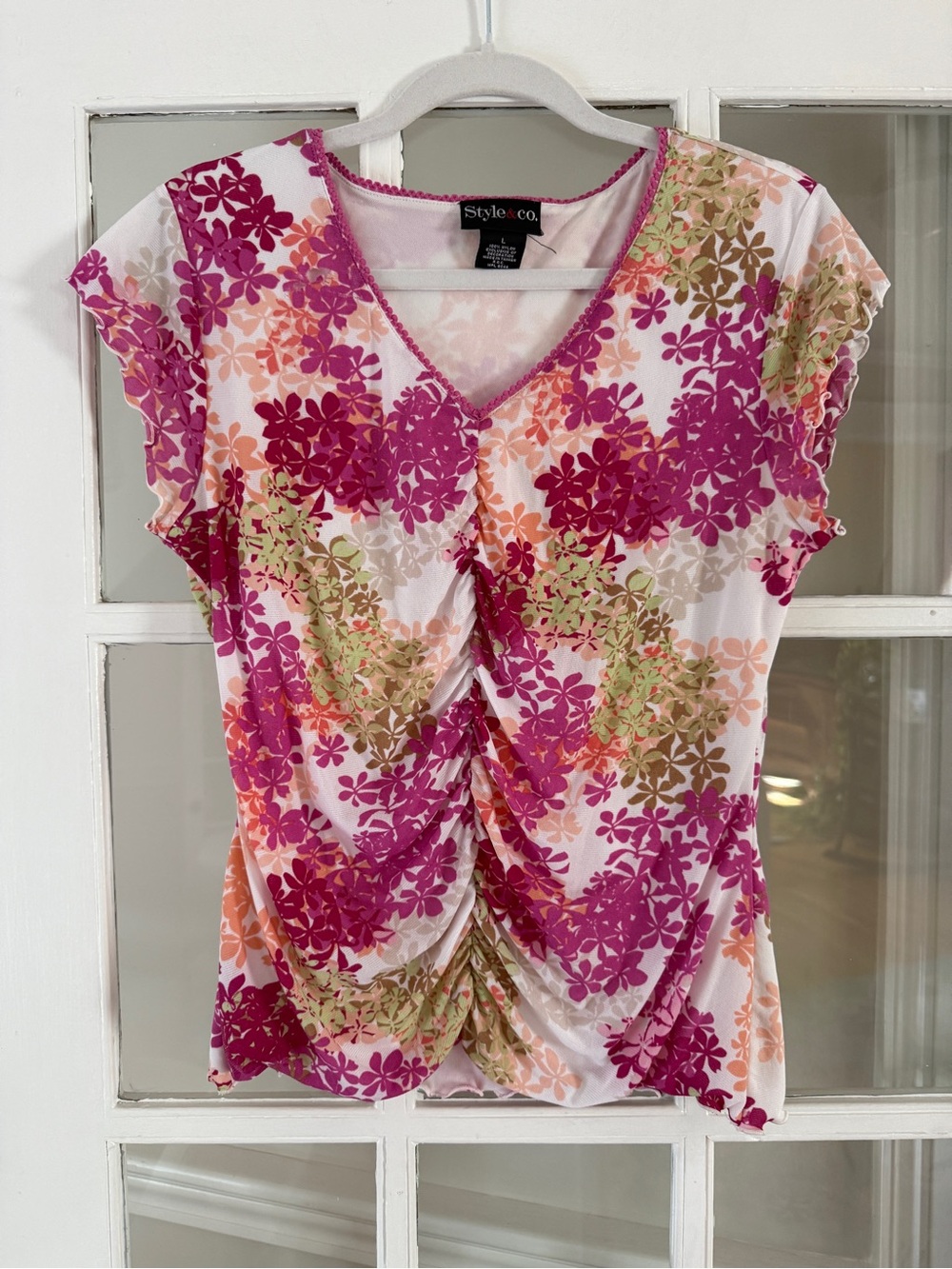 Style & Co. Fuchsia Pink Floral Ruched V-Neck Top
